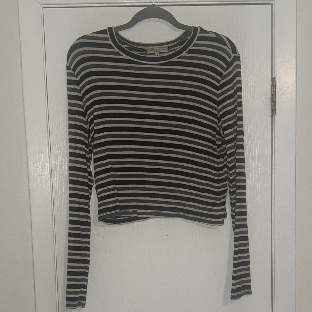 Striped Black, White, and Green Long Sleeve Top